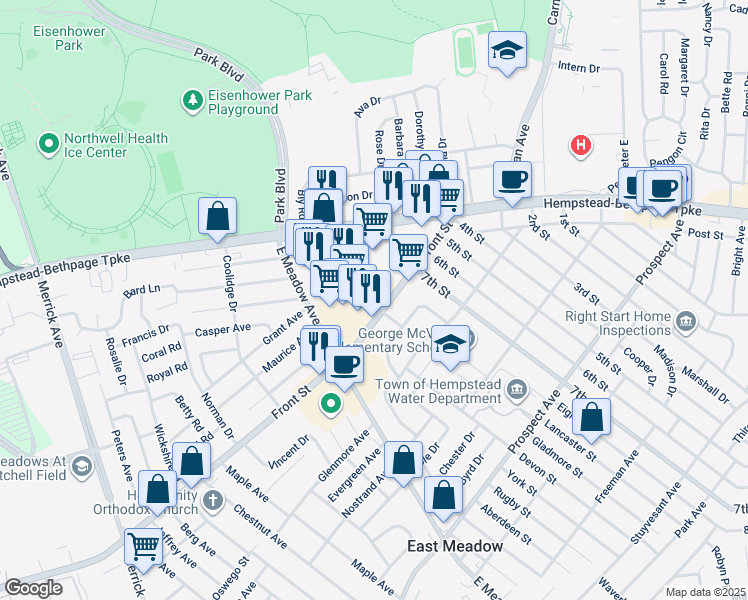 map of restaurants, bars, coffee shops, grocery stores, and more near 1975 Front Street in East Meadow