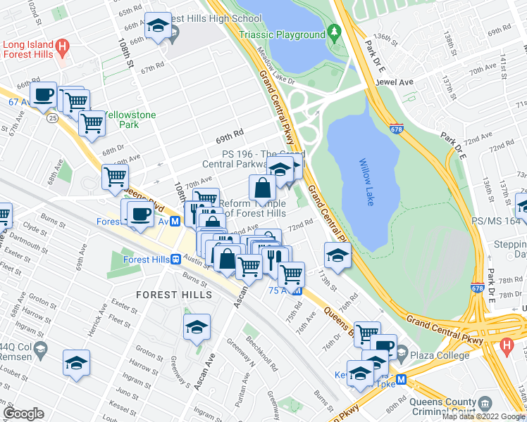 map of restaurants, bars, coffee shops, grocery stores, and more near 110-50 71st Road in Queens