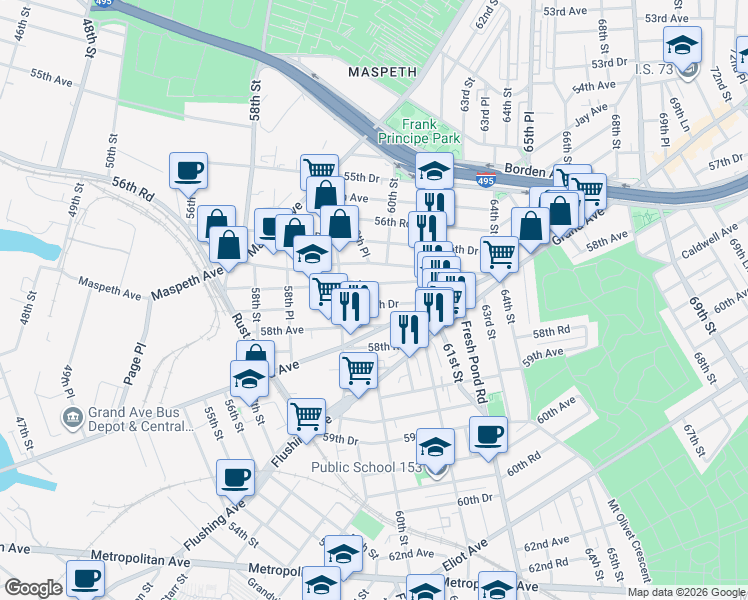 map of restaurants, bars, coffee shops, grocery stores, and more near 59-49 57th Drive in Queens