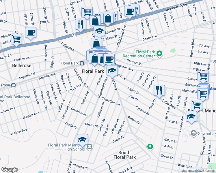 map of restaurants, bars, coffee shops, grocery stores, and more near 30 Bellmore St in Floral Park