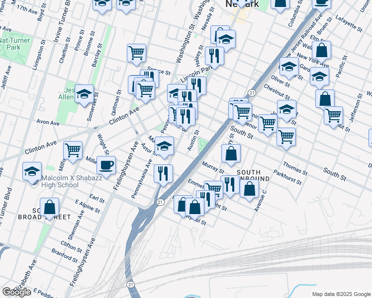 map of restaurants, bars, coffee shops, grocery stores, and more near 98-104 Murray Street in Newark