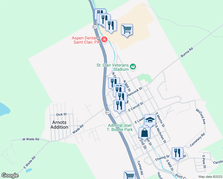 map of restaurants, bars, coffee shops, grocery stores, and more near in Saint Clair