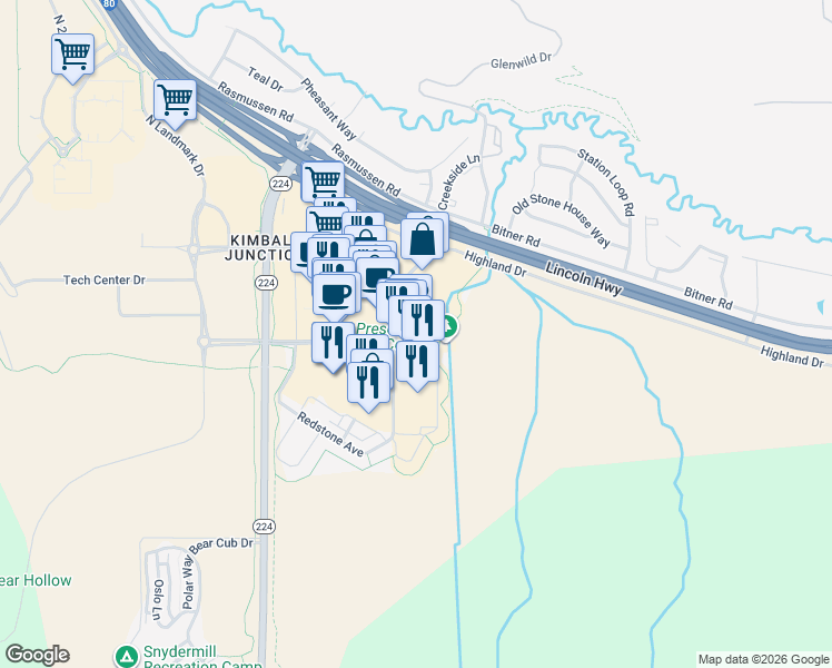 map of restaurants, bars, coffee shops, grocery stores, and more near 1456 Newpark Boulevard in Park City