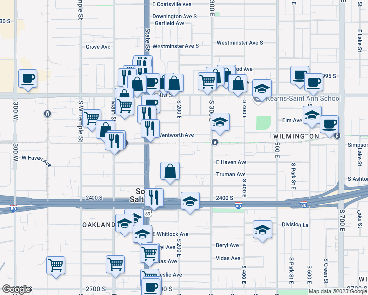 map of restaurants, bars, coffee shops, grocery stores, and more near 2265 South 200 East in South Salt Lake