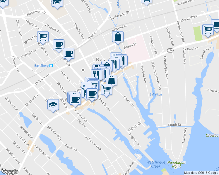 map of restaurants, bars, coffee shops, grocery stores, and more near 18 Shore Lane in Bay Shore