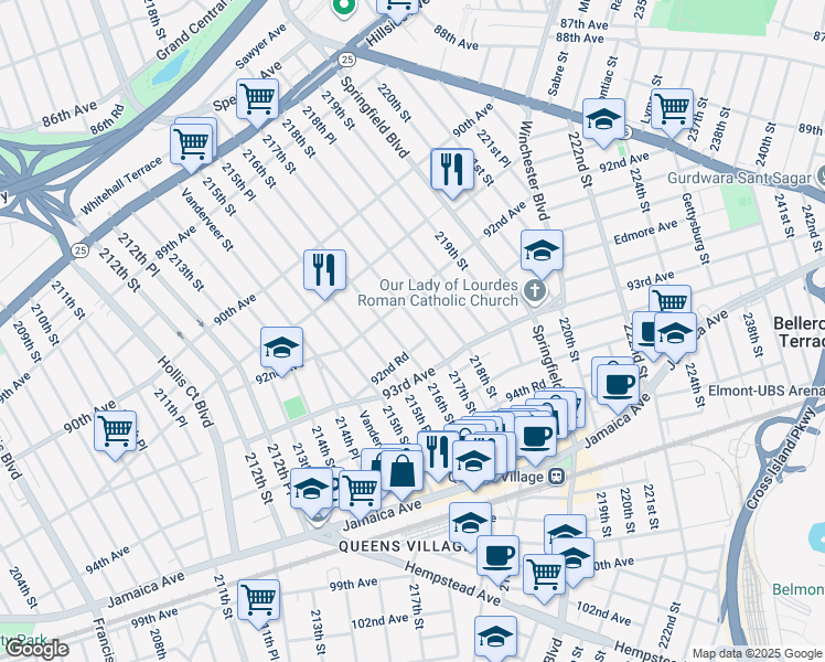 map of restaurants, bars, coffee shops, grocery stores, and more near 92-32 217th Street in Queens