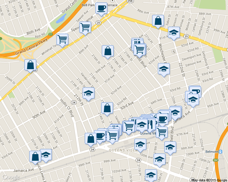 map of restaurants, bars, coffee shops, grocery stores, and more near 92-06 216th Street in Queens