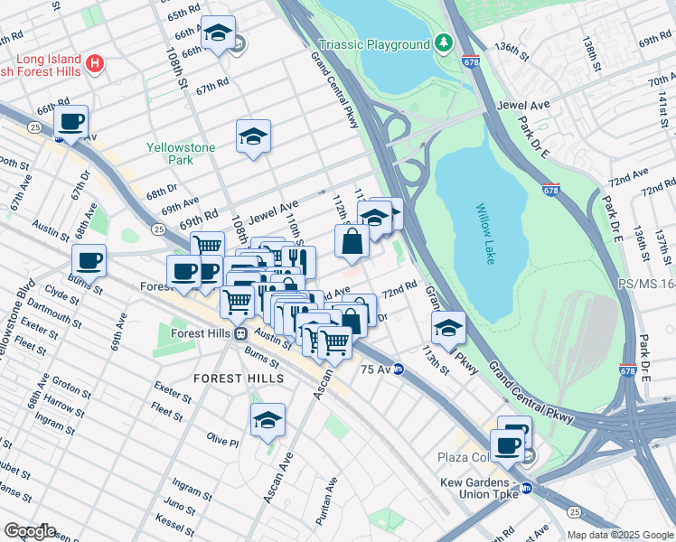 map of restaurants, bars, coffee shops, grocery stores, and more near 110-15 71st Road in Queens