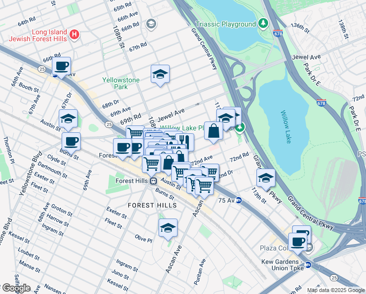 map of restaurants, bars, coffee shops, grocery stores, and more near 108-27 Queens Boulevard in Queens