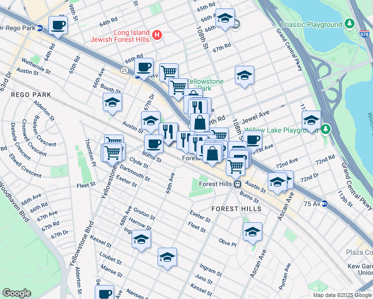 map of restaurants, bars, coffee shops, grocery stores, and more near in Queens
