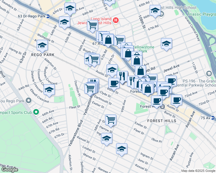 map of restaurants, bars, coffee shops, grocery stores, and more near 671-17 Burns Street in Queens