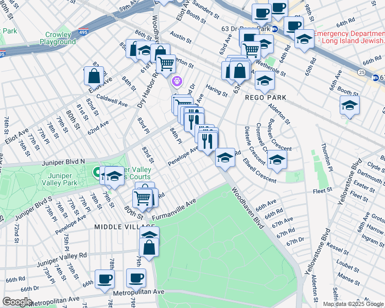 map of restaurants, bars, coffee shops, grocery stores, and more near 84-27 Penelope Avenue in Queens