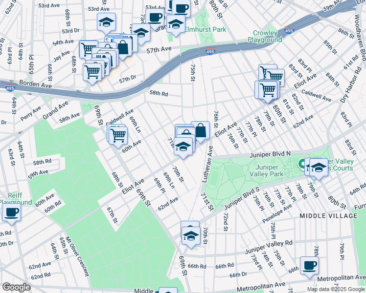 map of restaurants, bars, coffee shops, grocery stores, and more near 60-66 72nd Street in Queens