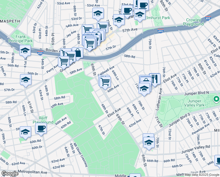 map of restaurants, bars, coffee shops, grocery stores, and more near 59-70 69th Place in Queens