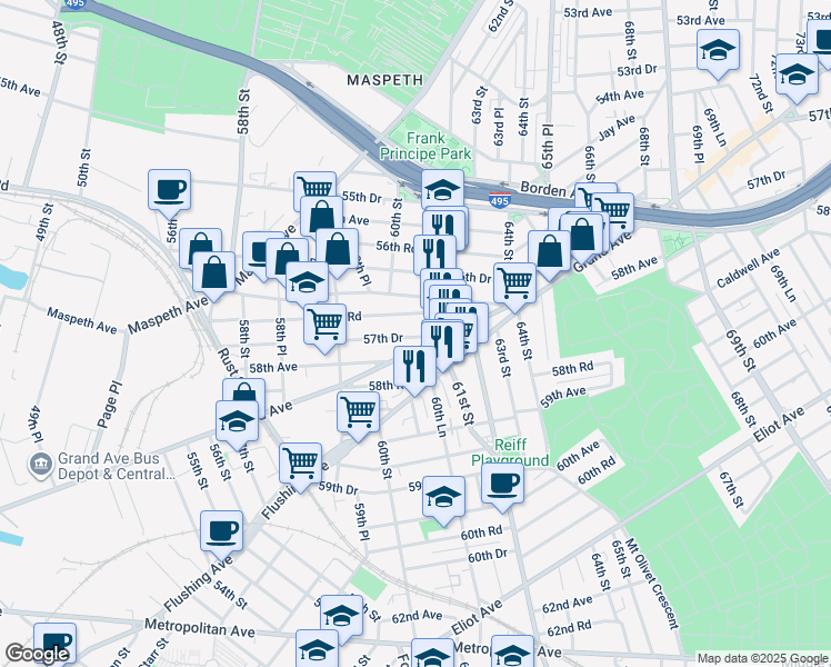 map of restaurants, bars, coffee shops, grocery stores, and more near 59-95 57th Drive in Queens