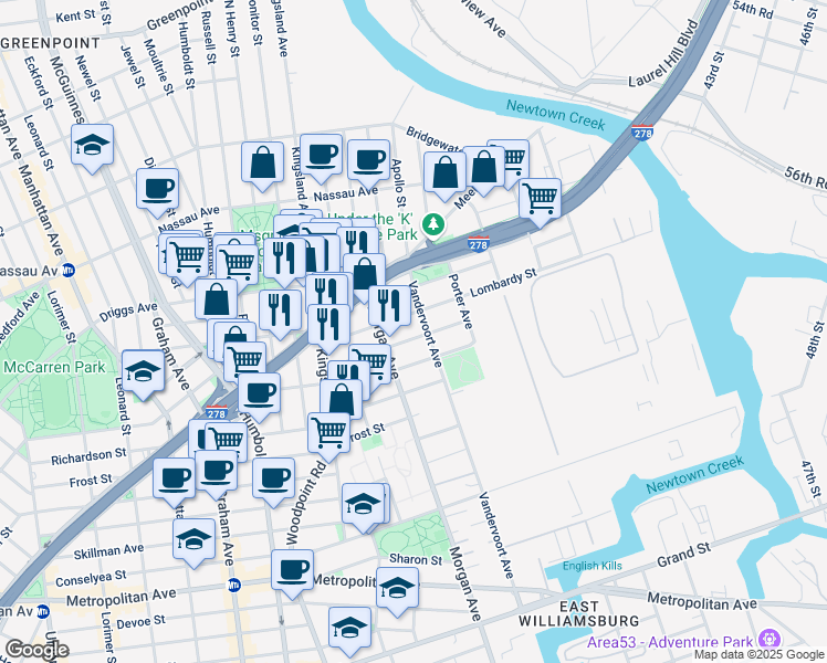 map of restaurants, bars, coffee shops, grocery stores, and more near 75 Beadel Street in Brooklyn
