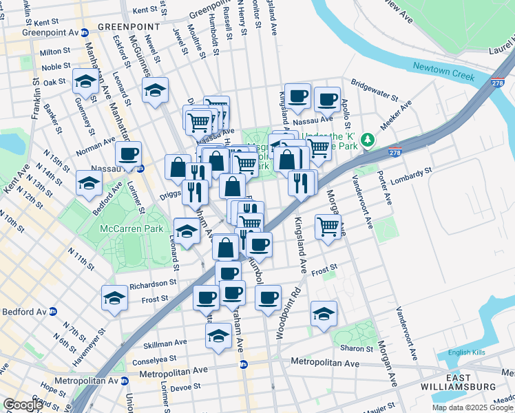 map of restaurants, bars, coffee shops, grocery stores, and more near 161 Engert Avenue in Brooklyn