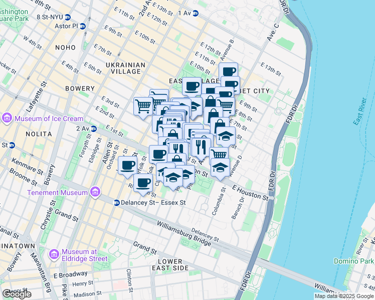 map of restaurants, bars, coffee shops, grocery stores, and more near 242 East 3rd Street in New York