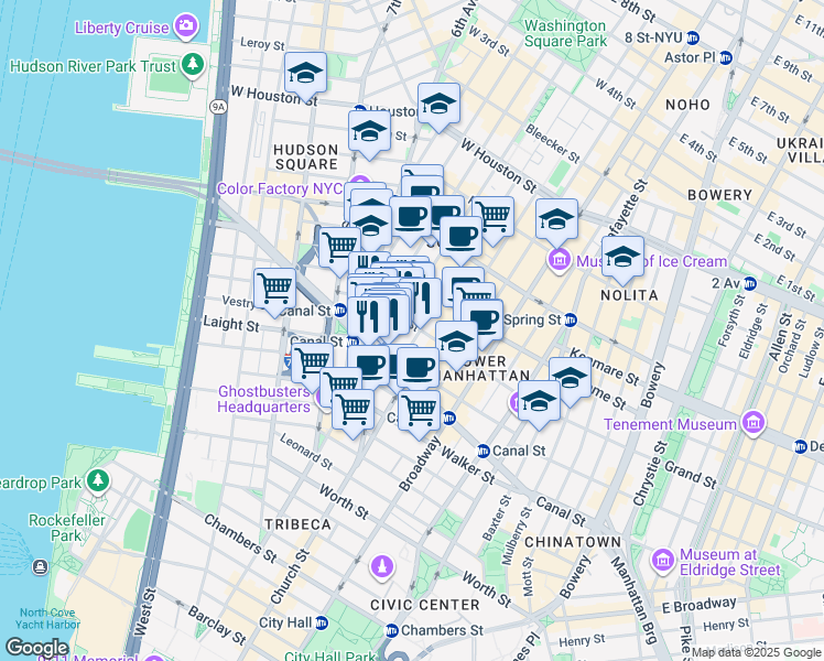 map of restaurants, bars, coffee shops, grocery stores, and more near 323 West Broadway in New York