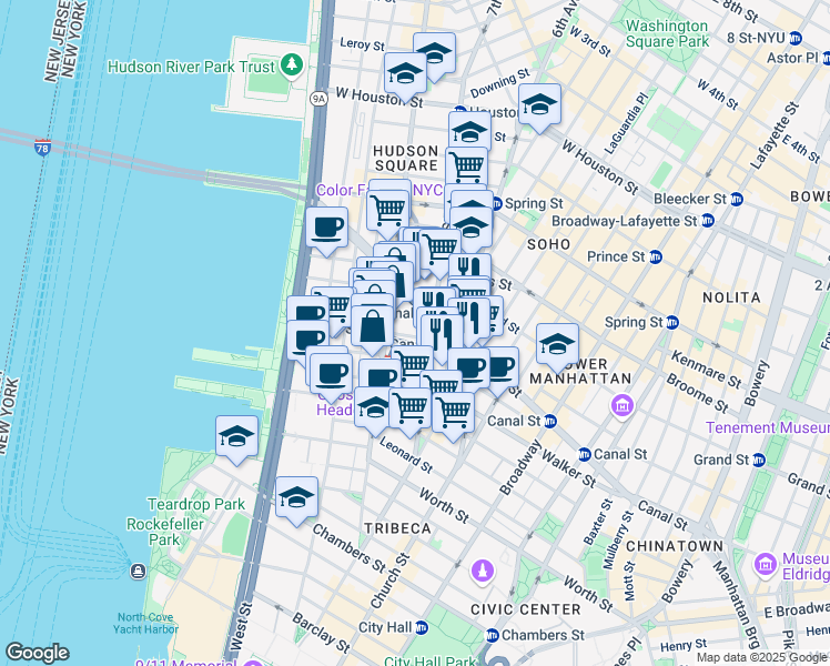map of restaurants, bars, coffee shops, grocery stores, and more near in New York
