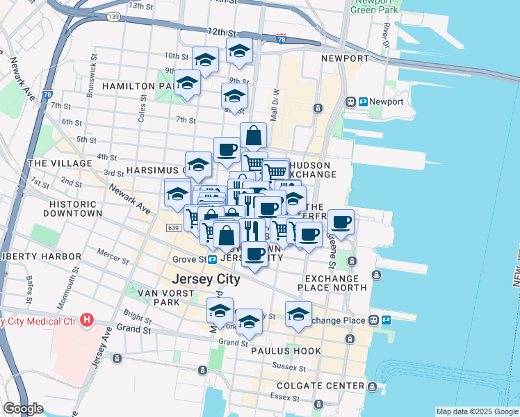 map of restaurants, bars, coffee shops, grocery stores, and more near 159 2nd Street in Jersey City