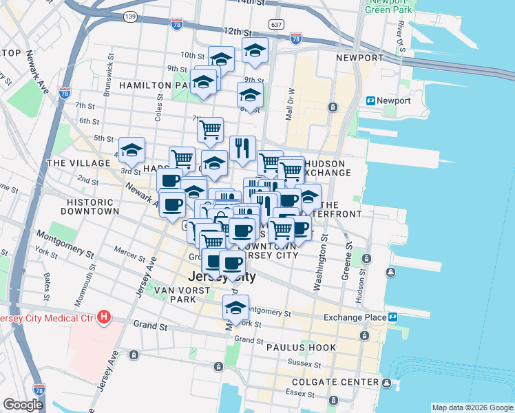 map of restaurants, bars, coffee shops, grocery stores, and more near 364 Marin Boulevard in Jersey City