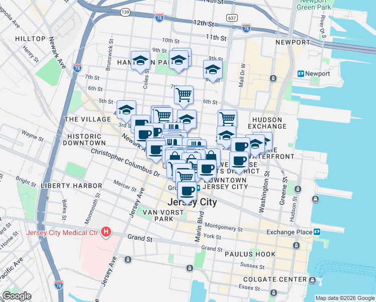 map of restaurants, bars, coffee shops, grocery stores, and more near in Jersey City