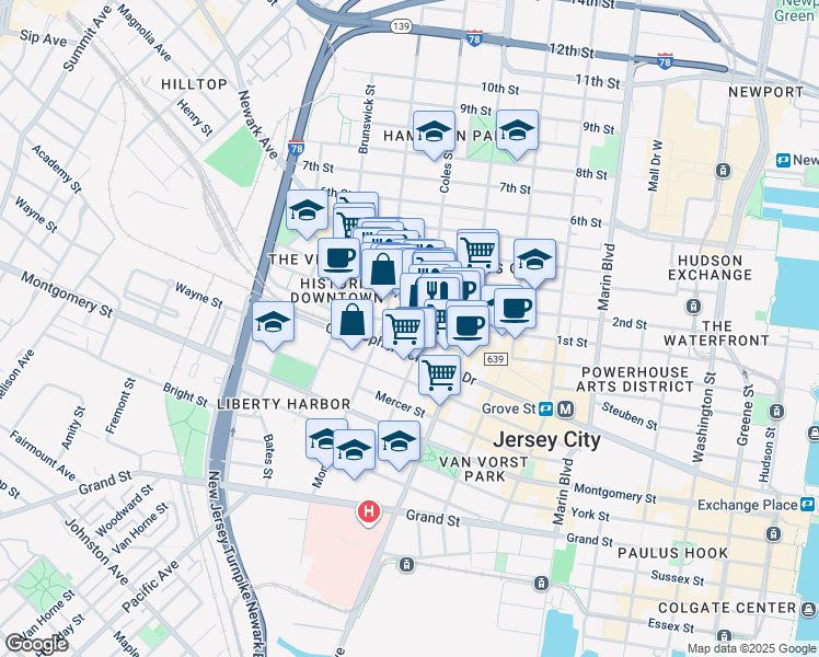 map of restaurants, bars, coffee shops, grocery stores, and more near 327 1st Street in Jersey City