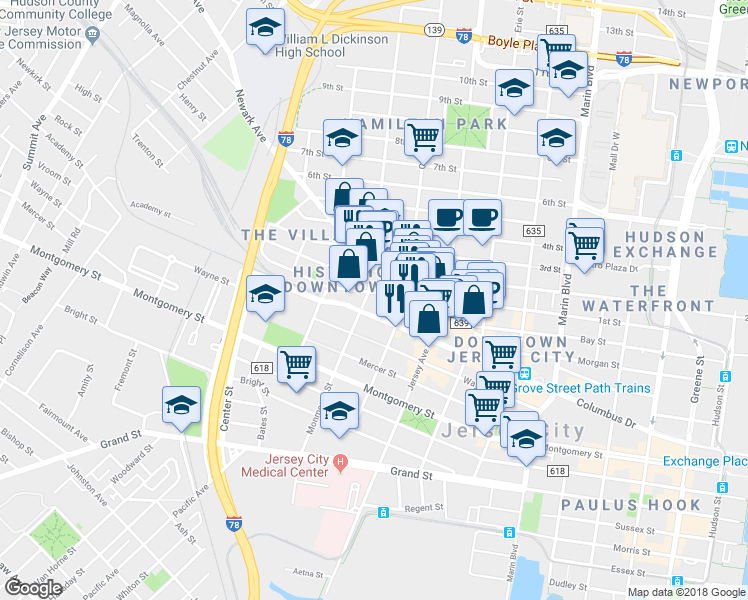 map of restaurants, bars, coffee shops, grocery stores, and more near 327 1st Street in Jersey City