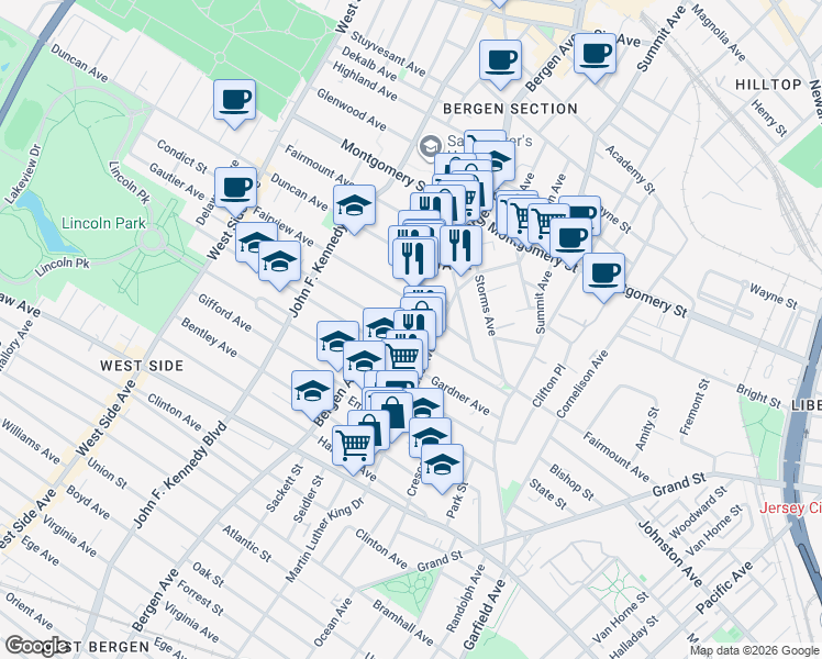 map of restaurants, bars, coffee shops, grocery stores, and more near in Jersey City