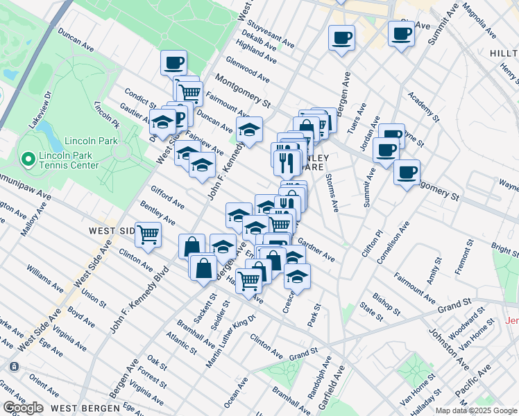 map of restaurants, bars, coffee shops, grocery stores, and more near 19 Kensington Avenue in Jersey City