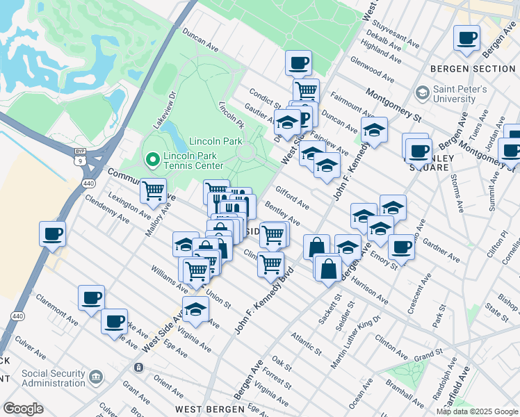 map of restaurants, bars, coffee shops, grocery stores, and more near in Jersey City