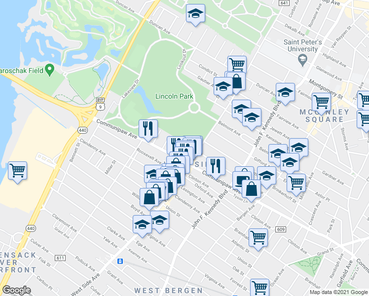 map of restaurants, bars, coffee shops, grocery stores, and more near 19 Delaware Avenue in Jersey City