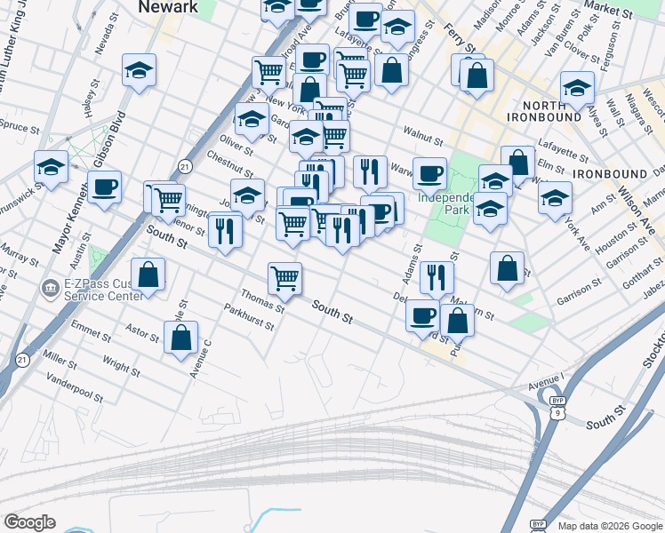 map of restaurants, bars, coffee shops, grocery stores, and more near 297 Jefferson Street in Newark