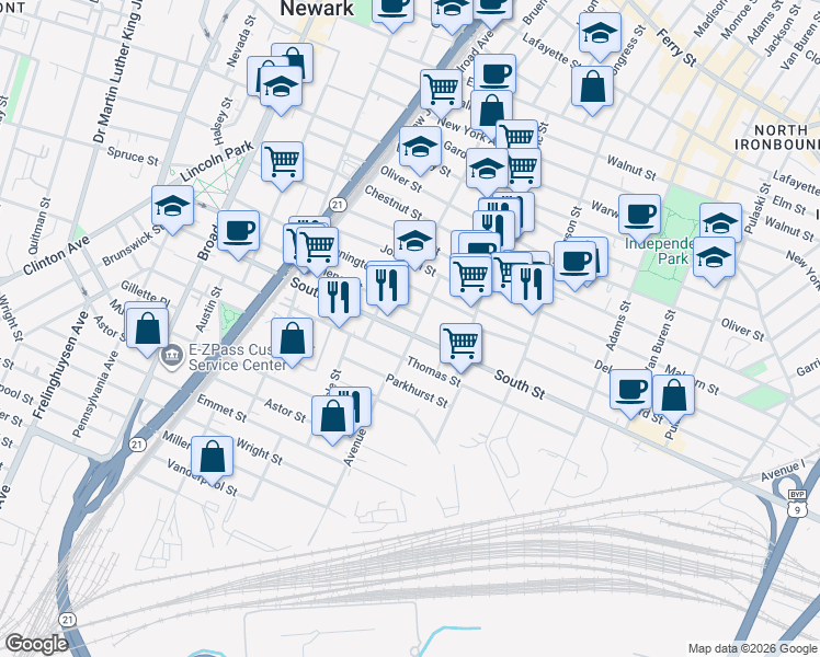map of restaurants, bars, coffee shops, grocery stores, and more near 183 South Street in Newark