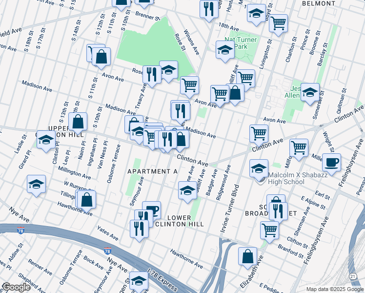 map of restaurants, bars, coffee shops, grocery stores, and more near 629 Hunterdon Street in Newark