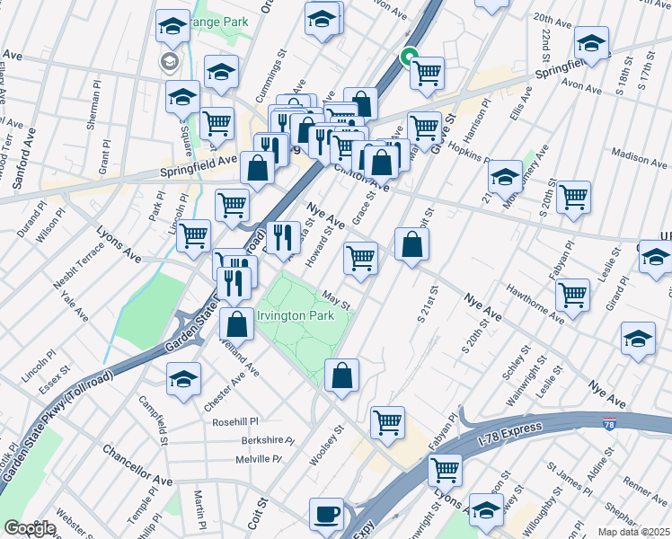 map of restaurants, bars, coffee shops, grocery stores, and more near 191 Maple Avenue in Irvington