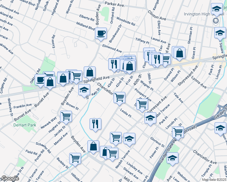 map of restaurants, bars, coffee shops, grocery stores, and more near 54 42nd Street in Irvington