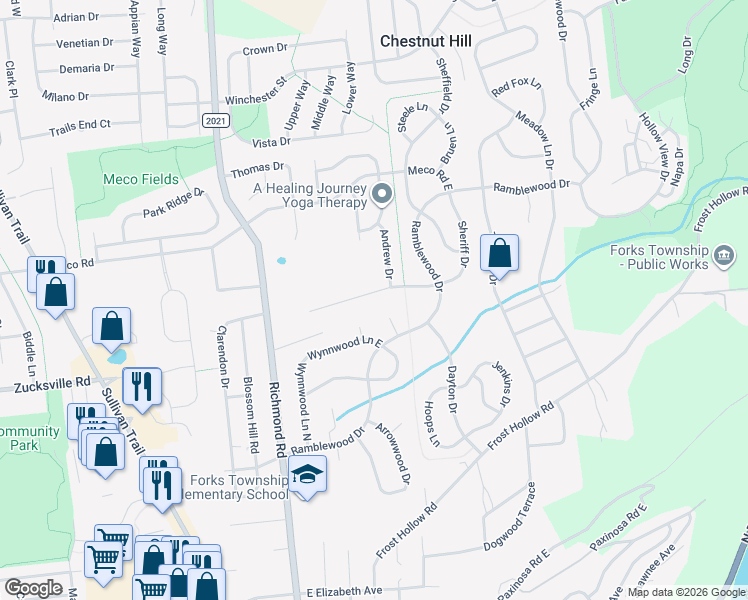 map of restaurants, bars, coffee shops, grocery stores, and more near 265 Kirkland Road in Easton