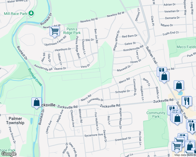map of restaurants, bars, coffee shops, grocery stores, and more near 2249 Mitman Road in Easton