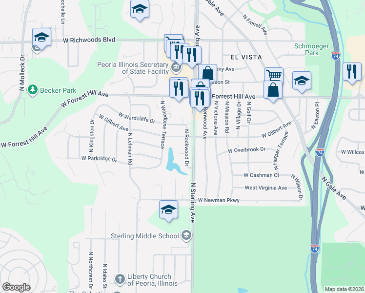 map of restaurants, bars, coffee shops, grocery stores, and more near 2812 North Rockwood Drive in Peoria