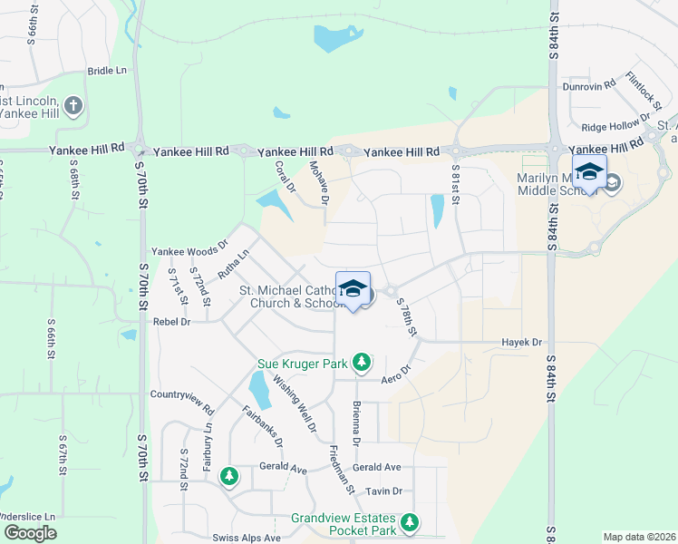 map of restaurants, bars, coffee shops, grocery stores, and more near 7400 Yankee Woods Drive in Lincoln