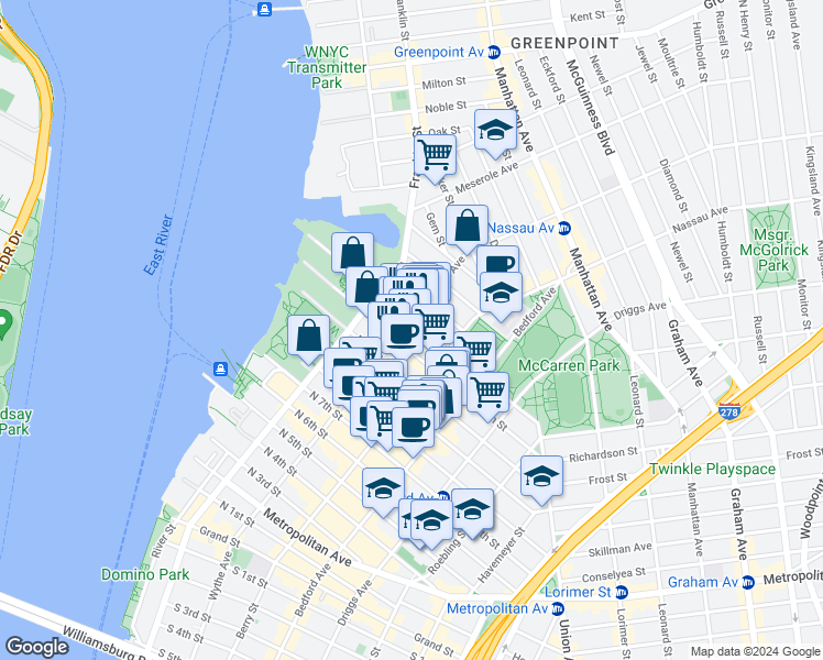 map of restaurants, bars, coffee shops, grocery stores, and more near 61 Wythe Avenue in Brooklyn