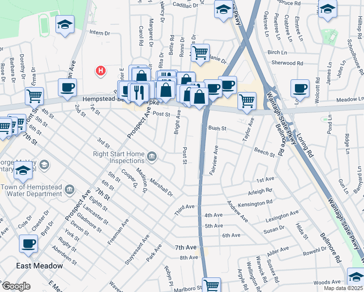 map of restaurants, bars, coffee shops, grocery stores, and more near 2153 Post Street in East Meadow