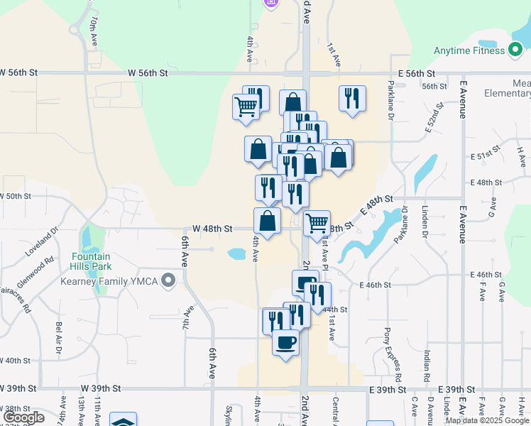map of restaurants, bars, coffee shops, grocery stores, and more near 4800 3rd Avenue in Kearney