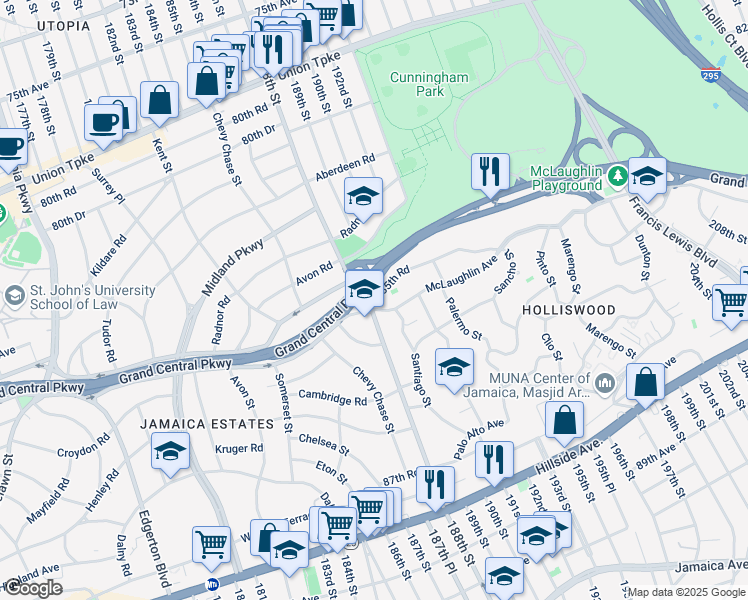 map of restaurants, bars, coffee shops, grocery stores, and more near Grnd Cntrl Parkway Entrance Eb in Queens