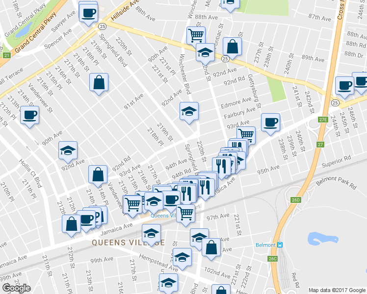 map of restaurants, bars, coffee shops, grocery stores, and more near 93-10 Springfield Boulevard in Queens