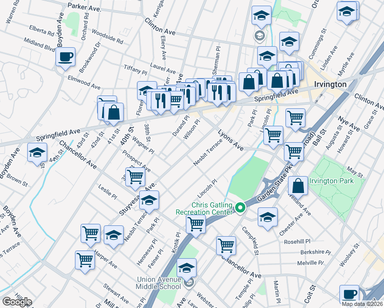 map of restaurants, bars, coffee shops, grocery stores, and more near 119 Nesbit Terrace in Irvington