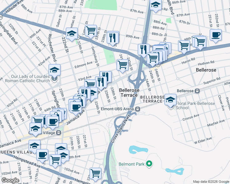 map of restaurants, bars, coffee shops, grocery stores, and more near 94 29 238th Street in Floral Park