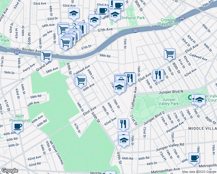 map of restaurants, bars, coffee shops, grocery stores, and more near 60-39 70th Street in Queens